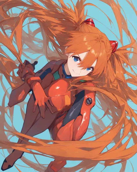   top quality,      masterpiece,       8k Wallpaper、  latest,      Masterpiece、 woman 1 person、        Soryu Asuka Langley   、 orange hair、 long hair、 blue eyes、      red plug suit、   light blue background 、smile、  beautiful、 full body、 Dutch Angle