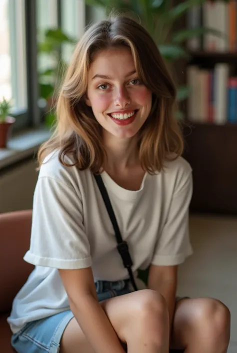 A young and happy teenage girl with a perfect face, light brown hair. She is wearing a skirt, a nightshirt. She has black shoes. She is sitting in college. On the other hand, she can wear white shorts that try to catch bad things.