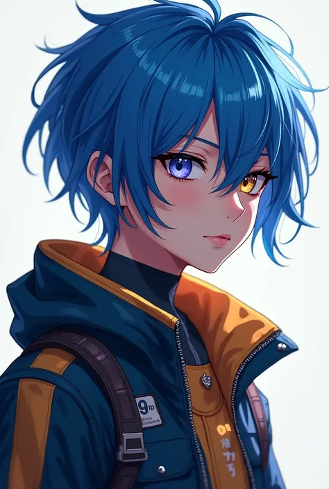  A boy with Asian features with blue hair that reaches his shoulders, He has a violet eye and a yellow eye  ,  his clothing style is inspired by Cyberpunk and Formula 1 . He is 18 years old and has a small burn scar on his left cheekbone, You have a mole u...