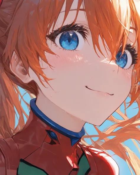    top quality,       masterpiece,         8k Wallpaper、  、       amazing facial details、   latest,                    woman 1 person、          Soryu Asuka Langley    、     orange hair、       blue eyes、       red plug suit、    Light blue background  、 with...