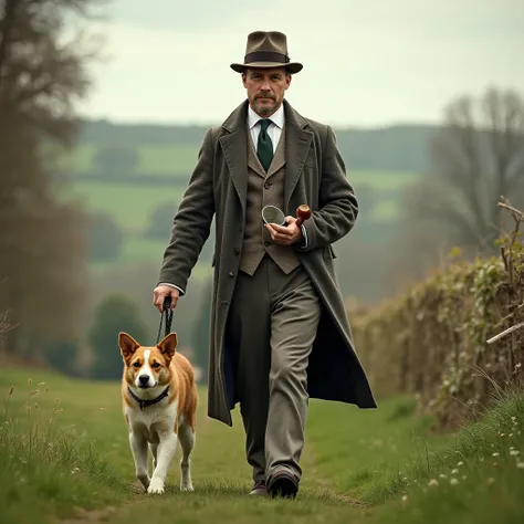 Dog walking on two legs、I'm wearing a deer shooting hat、 Inverness Coat、 shirts、 tie、magnifying glass、Pipe Tobacco