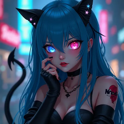 Robot right eye blue, left eye pink, eyes reflecting stars, close-up eyes, tattoo, big lips, choker, devil smile, long blue hair, blue cat ears, long black nails, devil black tail, dressed, se serious look face, very short skirt, blac mini dress, black kne...