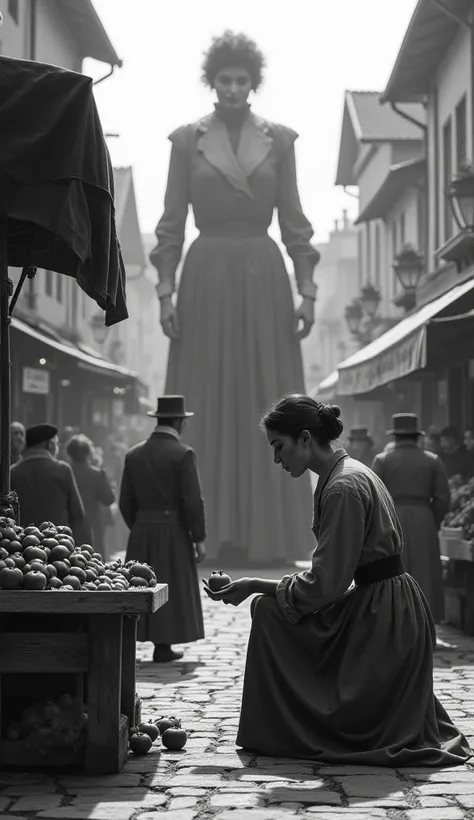 "A photorealistic black-and-white photograph set in the early 20th century, depicting a bustling European marketplace where townsfolk go about their daily lives. In the background, a towering giant woman dressed in period-appropriate clothing kneels down t...