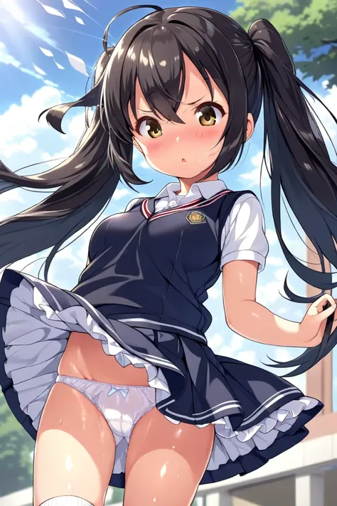 cute, , girl, 1st grade junior high school student, black hair, Twin tails, school uniform, white polo shirt, (vest), miniskirt, white high socks, big bust, see-nipples, (((loli))), School, ((shiny skin)), ((white panty)), ((The wind blows up skirt)), ((Pa...