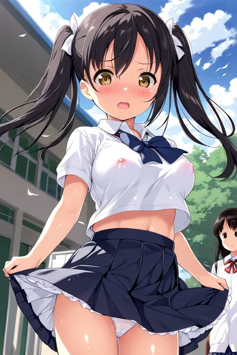 cute, , girl, 1st grade junior high school student, black hair, Twin tails, school uniform, white polo shirt, (vest), miniskirt, white high socks, big bust, see-nipples, (((loli))), School, ((shiny skin)), ((white panty)), ((The wind blows up skirt)), ((Pa...