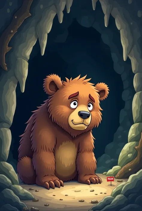 Sad hungry cave bear. Cute cartoon. "Feed here"