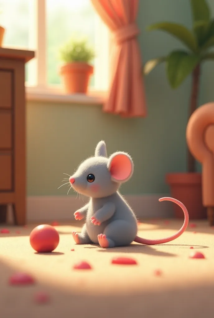 Close-up on the floor in a cozy cartoon room: one small beautiful plush grey mouse and a small rubber ball 