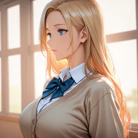 1 girl, upper body, looking ahead, blue eyes blonde long hair, school uniform, cardigan, masterpiece, best quality, ultra detailed, extremely detailed CG, highly detailed, high resolution, 4k, incredibly absurd res, texture, 