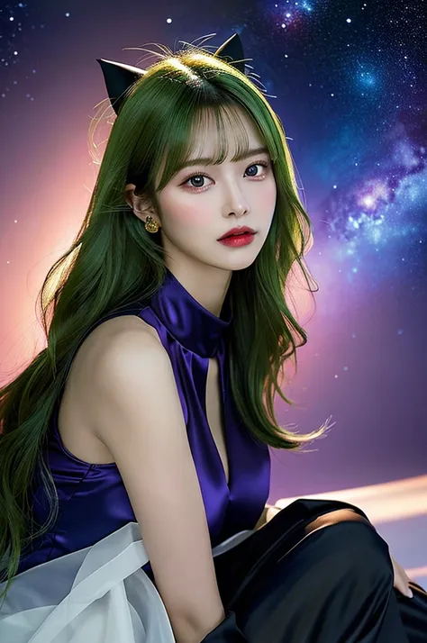 (Highest quality、((fullbody1.9))、8k、Best image quality、Award-winning works)"A highly realistic and detailed portrait of a mystical elven woman with extremely long, flowing golden-green hair. She has sharp, angular facial features with high cheekbones, almo...