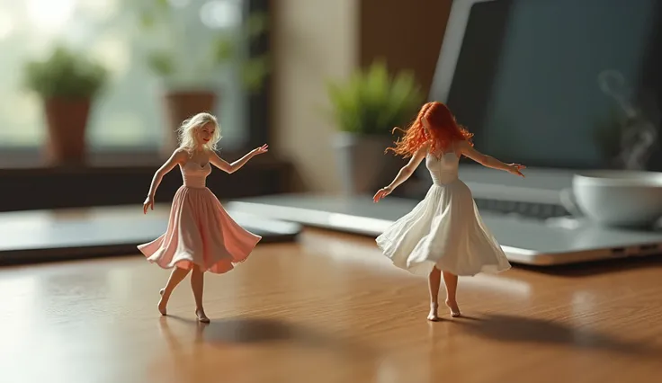 Two miniature thumb-sized beautiful adult women, albino, blonde hair, redhead, playing together on a modern wooden office desk. Dancing joyfully on the desk surface, wearing sexy long dress. The scene includes a sleek laptop with an open screen, a smartpho...