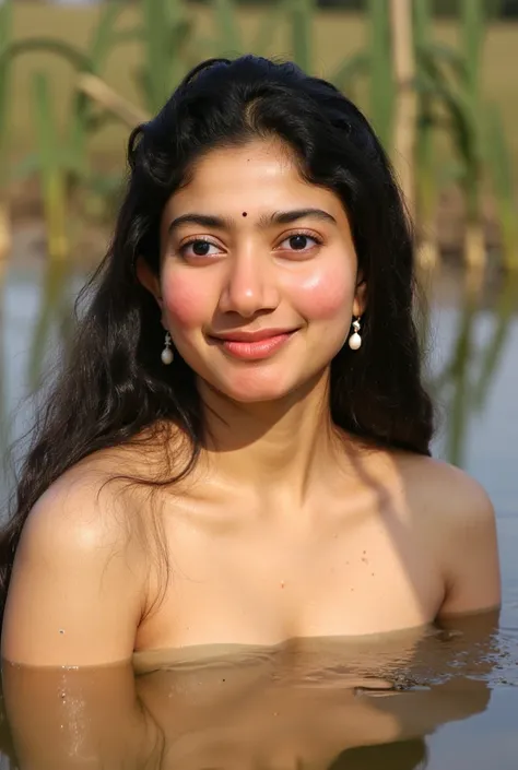 Close up portrait of a cute woman (Rashmika) bathing in a river, reeds, (clear water), naked body, (backlighting), realistic, masterpiece, highest quality