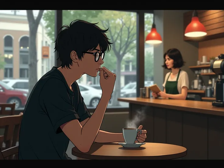 A long-haired teenage boy wearing glasses, wearing a black shirt, sits drinking coffee at a Starbucks store, secretly looking at a girl barista