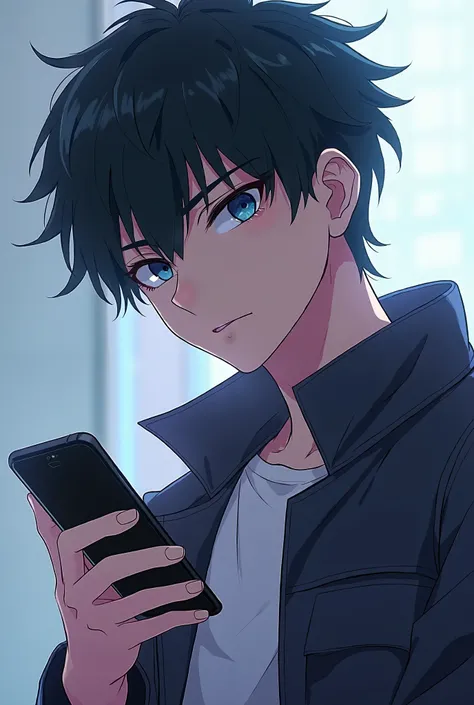 Cool anime character using a mobile with thinking expressions