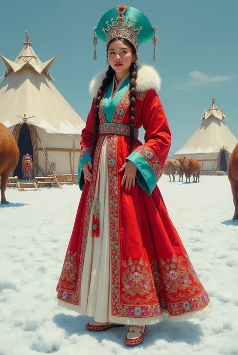 A detailed full-length painting depicting a beautiful woman in traditional Mongolian royal attire, wearing a brilliant red and white deel silk robe with intricate embroidery and a tall, turquoise fur-lined hat with white sheepskin shoes studded with red an...