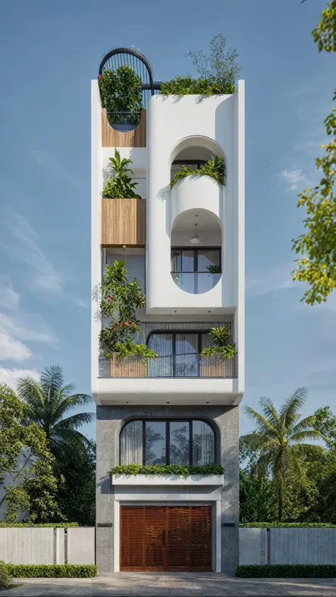 (masterpiece:1.2), best quality, photo of A two-story modern house in VietNam with white walls and dark tiles on the roof., tree and plant environment,daylight, streetcapes, natural light, vivid color, The exterior of an elegant single family home features...