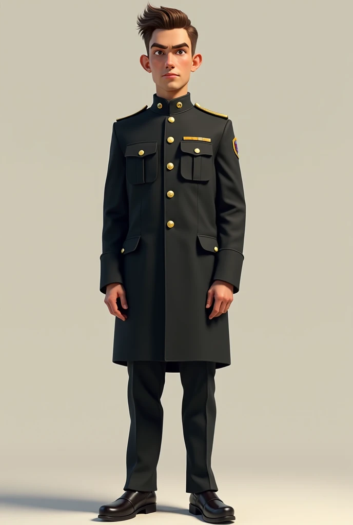 Pixar-style full body shot of a tall and thin white young man, brown hair military cut,  brown eyes,  serious face , dressed in modern all-black military uniform 
