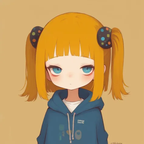 1girl, chibi, hoodie, yellow hair, blue eyes, blunt bangs, half closed eyes, bags under eyes, portrait, solid background. blue cloth, standing, blush, long eyelashes, face close up, cute, anime cell style, smile, 