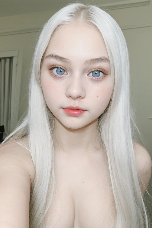 a sexy (young:1.3) girl, baby face, selfie, pale white skin、looking at viewers、long silver hair、