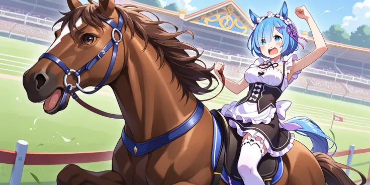 Rem、 Re:Zero、 angry、ride on horse, horse race, horserace, Uma Musume