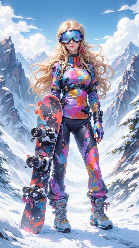  holding a snowboard {x} in her hands， One of the girls wearing ski costumes ，standing，Smile，Tan long hair ，