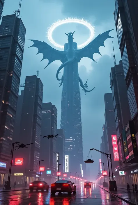 “A sprawling cyberpunk metropolis at dusk, with neon-lit skyscrapers, hovering drones, and flying cars zipping through rain-soaked streets. The camera slowly pans upward to reveal a colossal holographic dragon circling the tallest tower, roaring silently.”