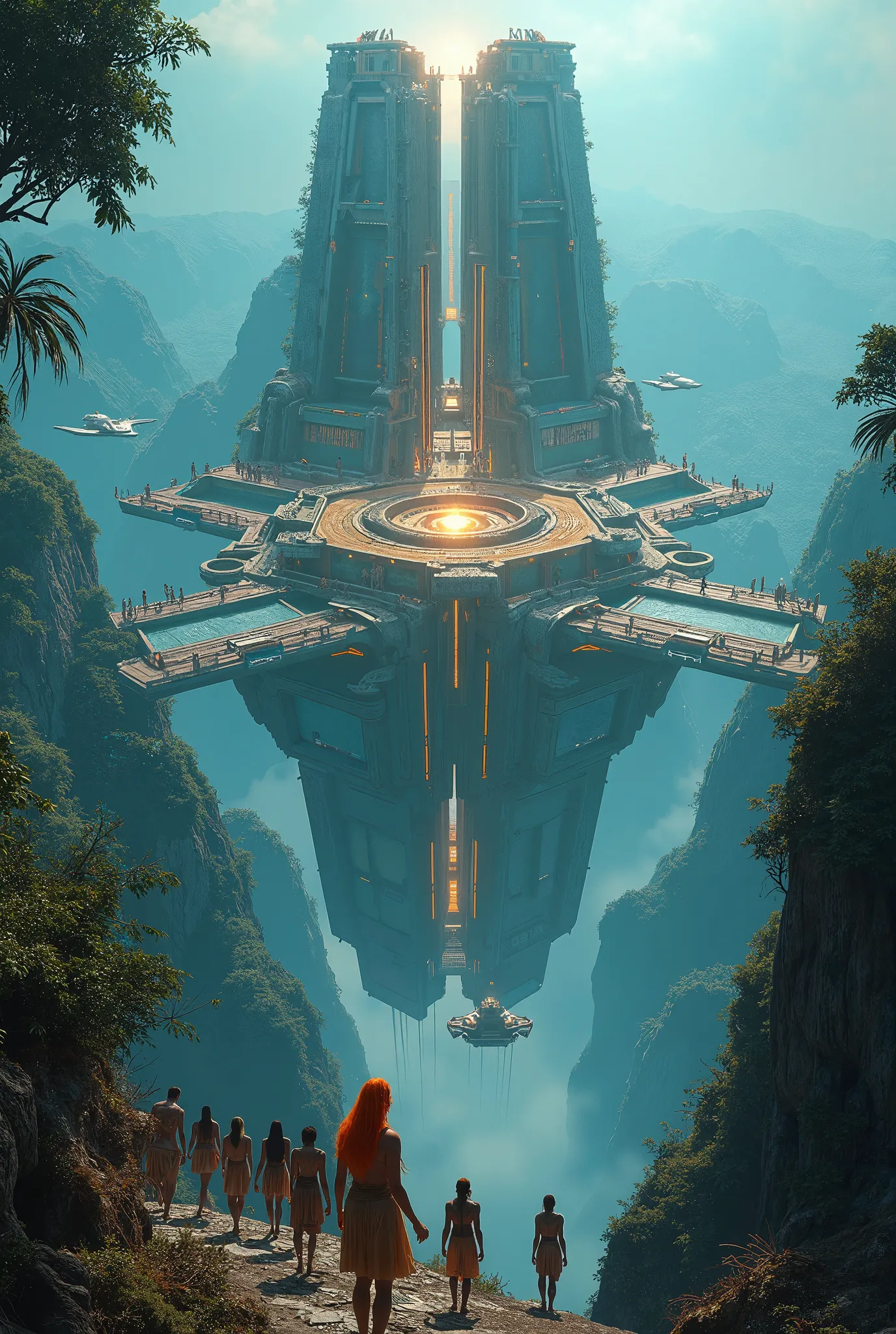 Ten atlantean women and man, ten ancient atlantean tribal warriors and one orange-haired Queen, dressed on very primitive tribal futuristic Tunic, full body, in a legendary futuristic flying city with many intelligent walking big humans and flying futurist...