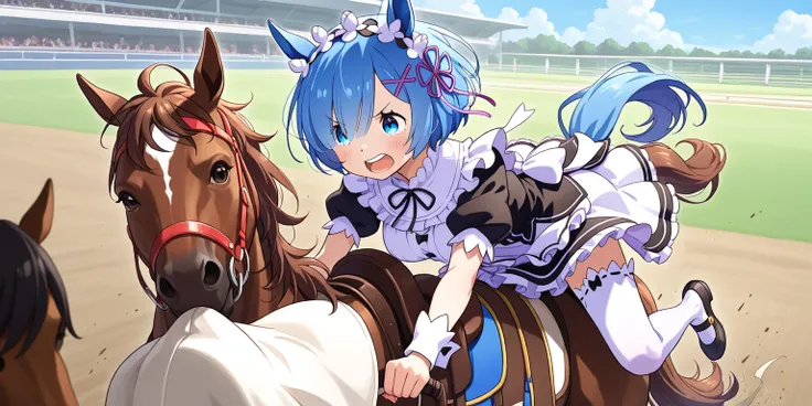 Rem、 Re:Zero、 angry、ride on horse, horse race, horserace, Remとライスシャワー、Uma Musume