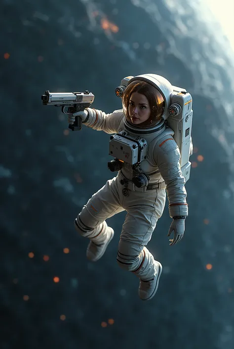 photo real, natural light, beautiful astronaut in space suit flying through the air with a spaceship in the background, cgsociety contest winner, space art, very beautiful woman in spacesuit, in gloves with a gun, science fiction, spacesuit with small led ...