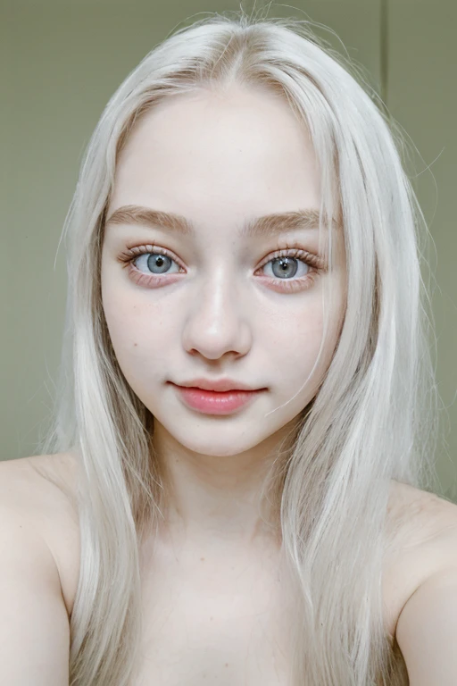 (realistic、masterpiece、Best Quality、8K、highres、high resolution:1.3), a sexy (young:1.3) girl, baby face, selfie, pale white skin、looking at viewers、long silver hair、