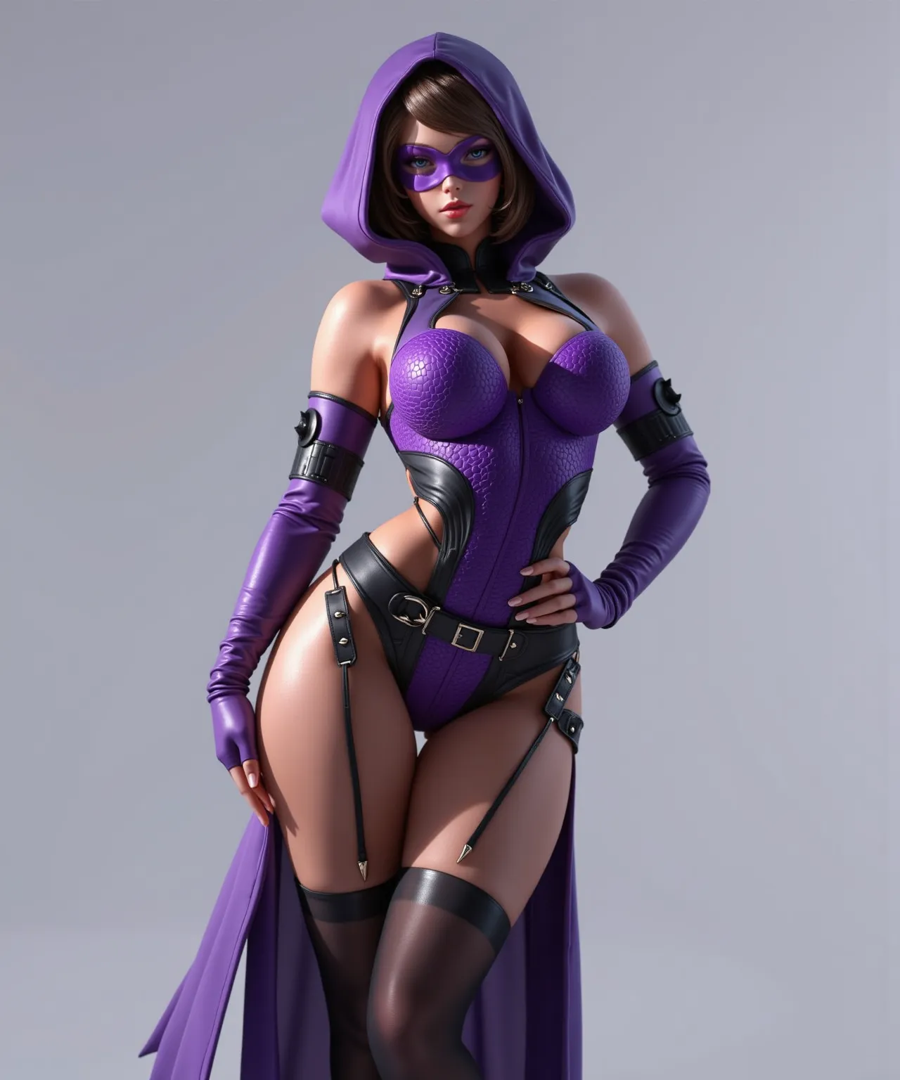 ashgflx, a mystic heroine with brown hair in a bob cut hairstyle and purple eyes. She wears a deep purple hood that partially covers her face, seamlessly extending into a sleek purple eye mask, revealing her vivid purple eyes. Her outfit consists of a form...