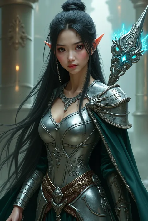 "Create a detailed character design of a beautiful elf warrior woman with Asian features. She has fair skin, sharp almond-shaped eyes with a piercing gaze, long silky black hair with subtle silver streaks, and delicate yet strong facial features. She wears...