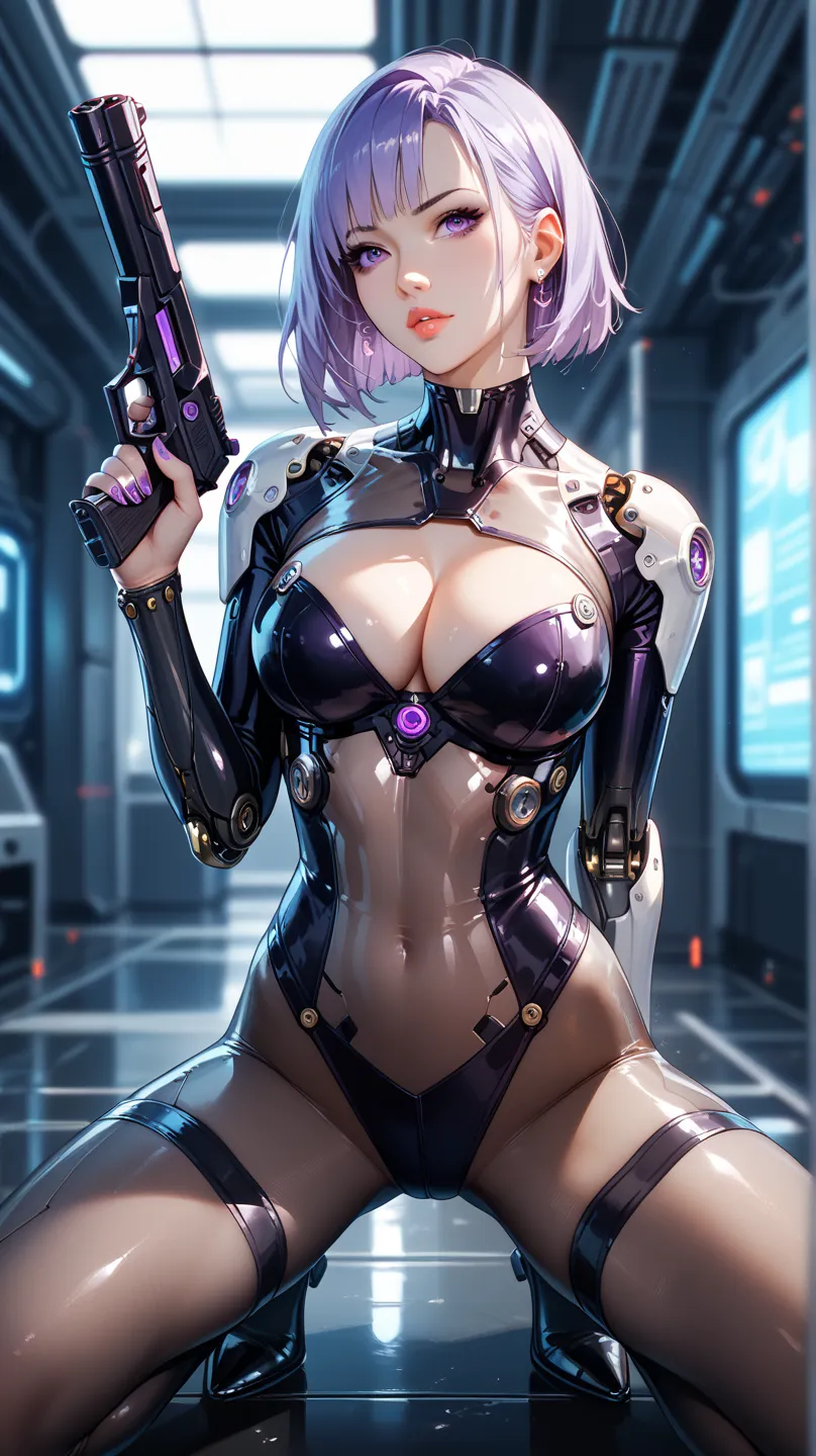 Thin, purple-haired female, purple eyes, cybernetic body parts, squinting, tight see-through bodysuit, cleavage, ultra detailed, spaceship, action pose, legs spread, holding pistol with both hands, aiming forward between legs, dark room, behind view, depth...