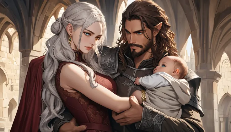 Ultra Realism, three people, Drawing, High fantasy, Soft Detailed artwork, a Spanish woman with tan skin, curly chocolate ombre hair in a bun, green eyes, lace dress with gold trim, and elf ears, gold jewelry, holding a toddler boy with white hair and blue...