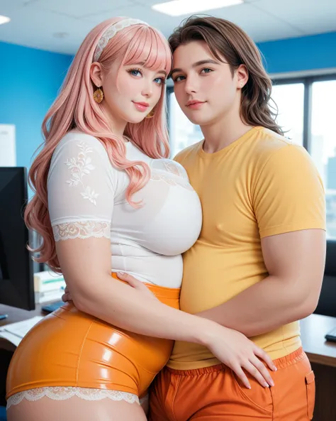 plus size women, 20 years old, very voluptuous body, buxom body, plump, busty, thick, chubby, big breast, big hips, big thigh, huge ass, very beautiful face, pink lips, light pink hair color, wavy long hair style with bangs, shiny gold earring jewelry, whi...