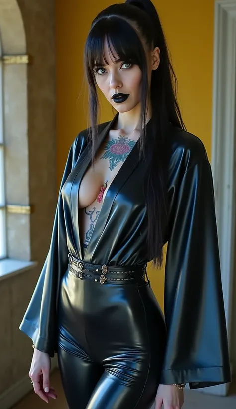 ANGELINA JOLIE, Dominatrix  , BDSM, blue yellow latex , brilliant, metallic, corps latex noir, leggings en latex noir,   latex Japanese latex kimono  , cuissardes Bottes en latex pour les cuisses, straight hair attached,  cruel and severe face , consider e...