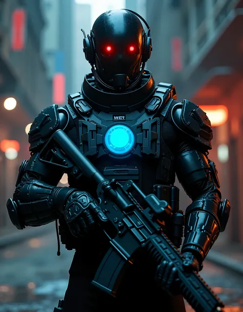 masterpiece, best quality, highres, highly detailed, 4k, 1man, 1cyborg, male focus, solo, solo focus, male focus, perfect hands, navy seal officer, jet black uniform, hi-tech cyborg head with red eyes, boots, mechanical arms, cyborg, blue circular energy p...