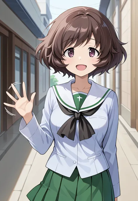  1 girl, Yukari Akiyama,  high res,  top quality,  Super Quality  , Akiyama Yukari 、 short hair、 bouncing hair、Uniform up、 ( Oarai school uniform :1.3),White sailor collar,  black neckerchief ,  white shirt,  Long Sleeve  , Green Skirt 、 waving，