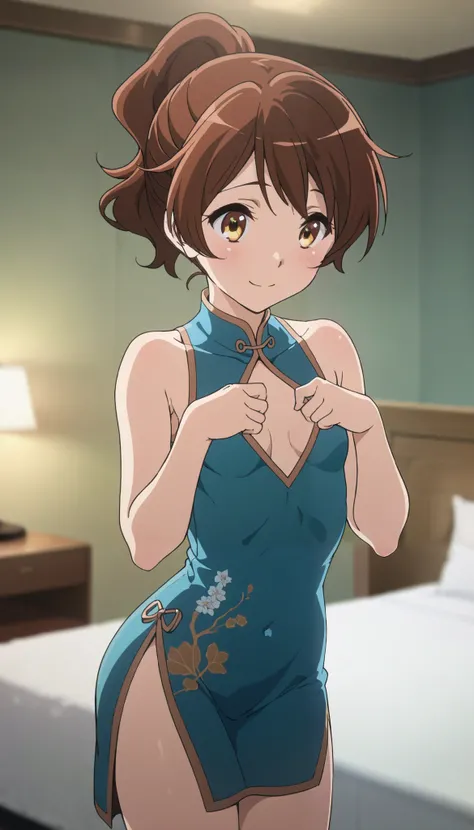 one girl, Alone, Oumae Kumiko,  ponytail, (cowboy shot),  Tiny Breasts , cleavage, (blush), (shy:1.1), (smile), (cheongsam dress), ( sexy pose:1.2), (bedroom:1.2), ( hotel:1.2),  score_9,  score_8_superior,  score_7_superior,  source_ anime, (best quality:...