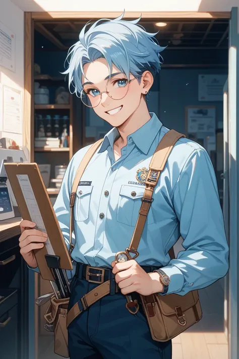 Please generate original character image for youtube video.A heartwarming cartoon-style electrician character.He is a first-grader and wears round glasses.He is dressed in a light blue work uniform and wears a tool belt.His hair is mixed with gray and he h...