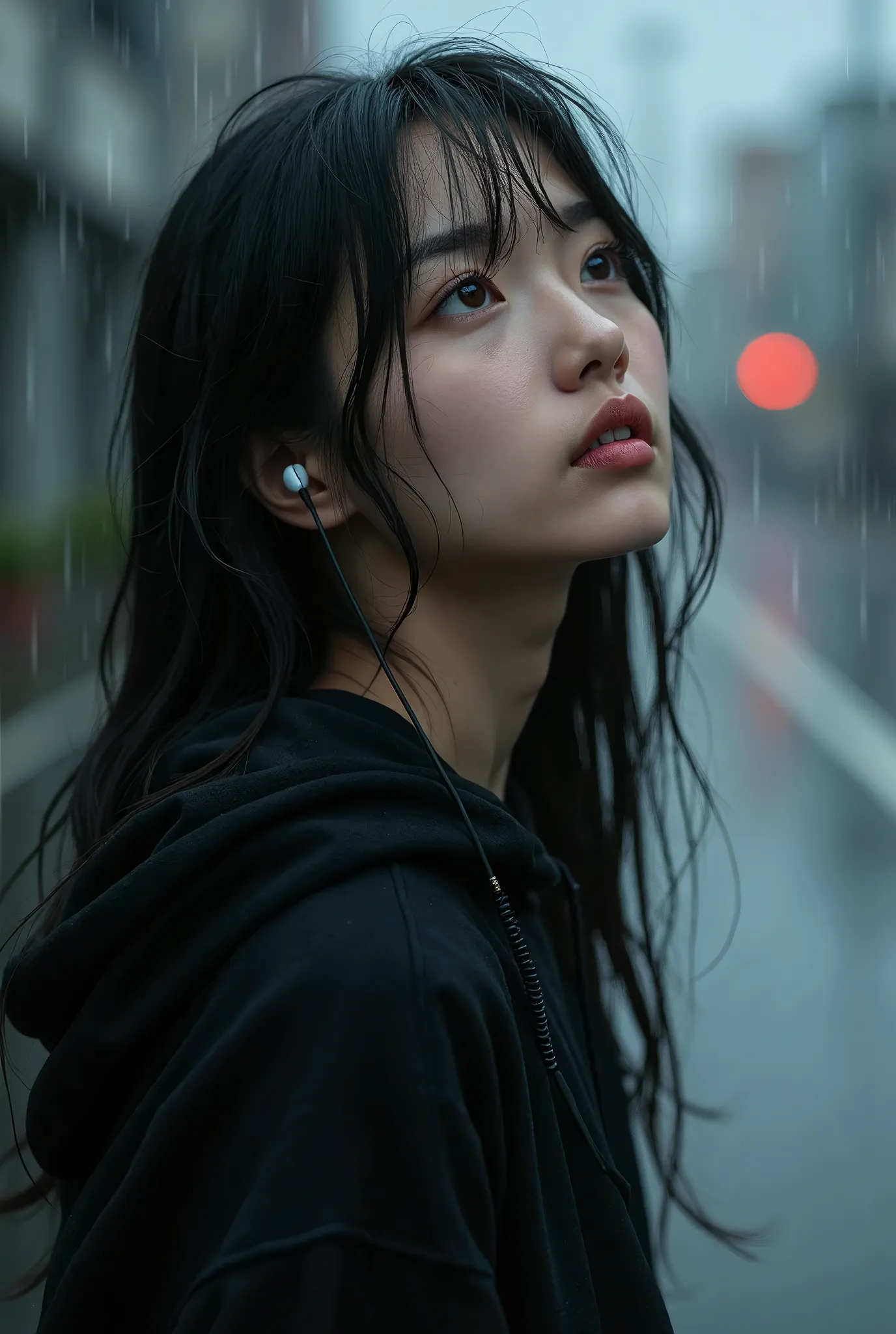  , a Japanese woman with black hair long to the middle of the back,In dark brown eyes, sharp, very beautiful,, wear a black hoodie, Wired earphones, Dancing in the Rain  ,Ahegao, beard, think, Face up, look up, with your mouth shut , Aperture F1.8, Apertur...