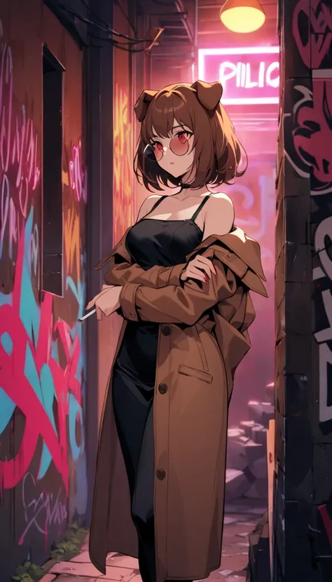 Dog ears girl, Dog Detectives girl, alone, chest,  short hair,  brown hair,  red eyes,  round sunglasses   ,arm under  chest other hand holding cigarettes,  raise your arms,  standing,   stylish, Shoulder Skin  ,  off shoulder ,   sexy,  brown trench coat ...