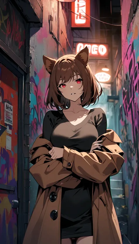 Dog ears girl, Dog Detectives girl, alone, chest,  short hair,  brown hair,  red eyes,  round sunglasses   ,arm under  chest other hand holding cigarettes,  raise your arms,  standing,   stylish, Shoulder Skin  ,  off shoulder ,   sexy,  brown trench coat ...