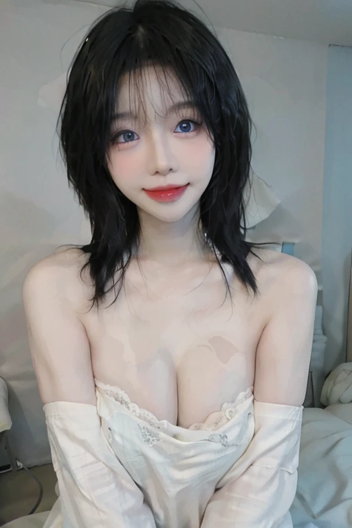 (realistic、masterpiece、Best Quality、8K、highres、high resolution:1.3)、upper body, 1 girl、grin smile, (((nude:1.4,naked, no clothes,light Blue eyes:1.3)))、gigantic breasts,veiny breasts,pink nipples,narrow waist, cleavage bulge, hourglass body, pale white ski...