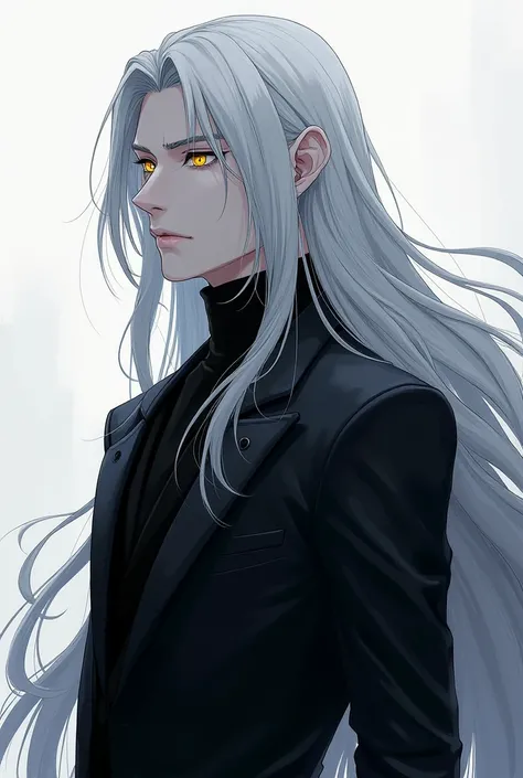 A man with long silver hair, cold golden eyes, and a cold, quiet demeanor. He has an aloof, serious expression, as if he is distant and unapproachable. His posture is composed and elegant, conveying a sense of mystery and strength. He wears a sleek, dark o...