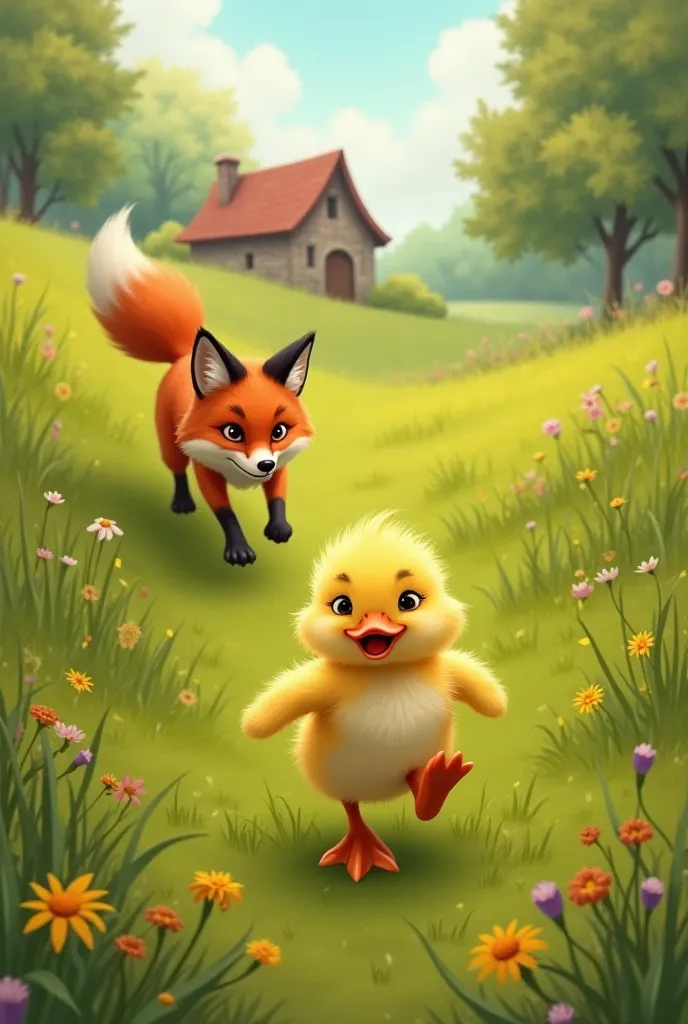 Help create a picture of a little duck running away from the fox up the hill.