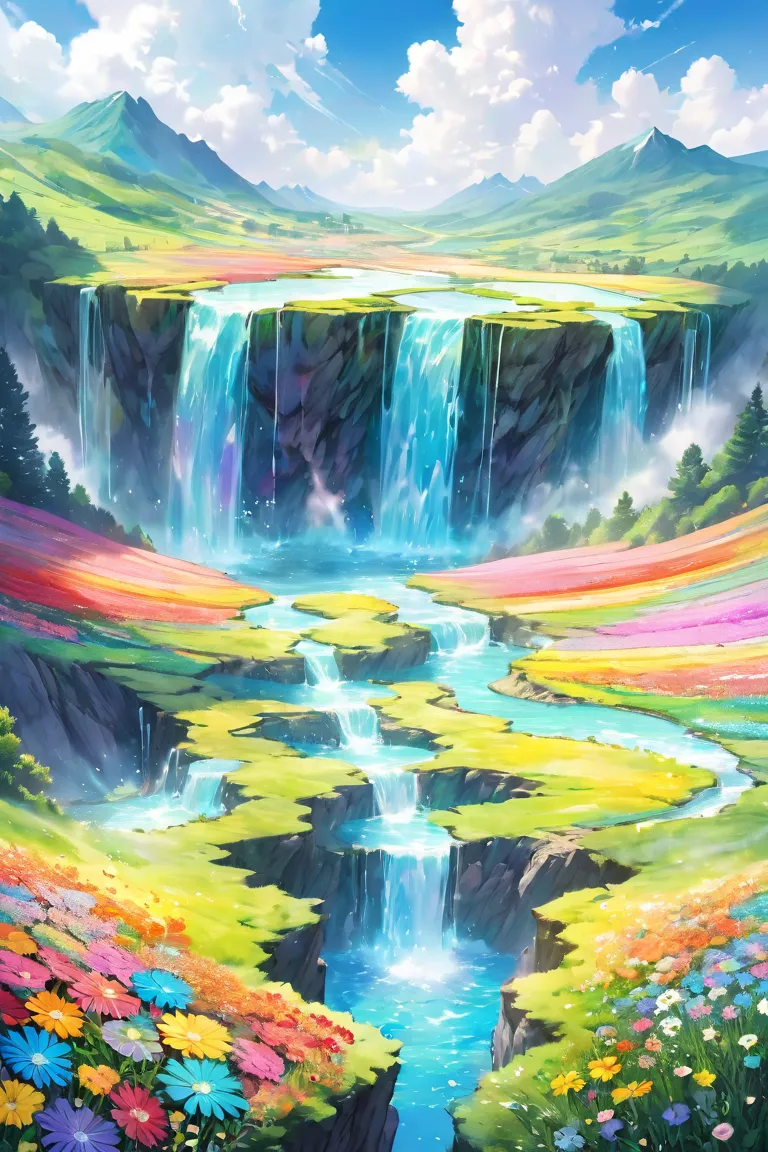 Anime Conceptual installation art combining watercolors, acrylics and collage. Landscape painting only, ultra detailed, absolute resolution, masterpiece. Wide angle aerial background of vibrant pastel colored flower fields. Wonderland world view. Cascading...