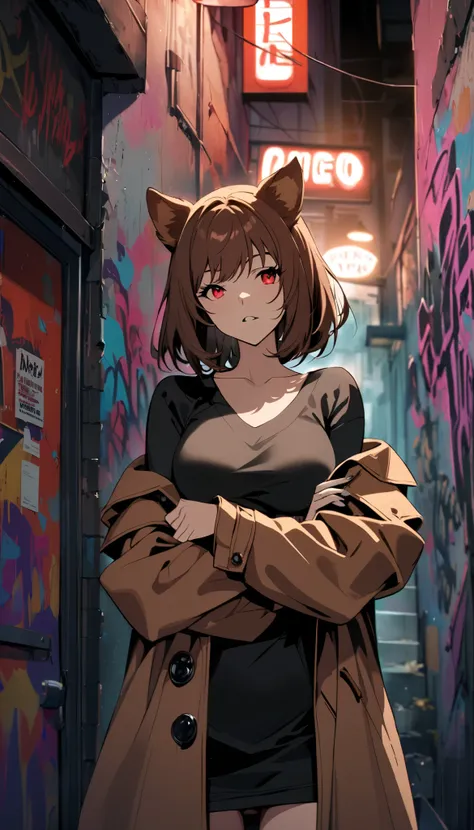 Dog ears girl, Dog Detectives girl, alone, chest, short hair, brown hair, red eyes, round sunglasses ,arm under chest other hand holding cigarettes, raise your arms, standing, stylish, Shoulder Skin , off shoulder , sexy, brown trench coat ...