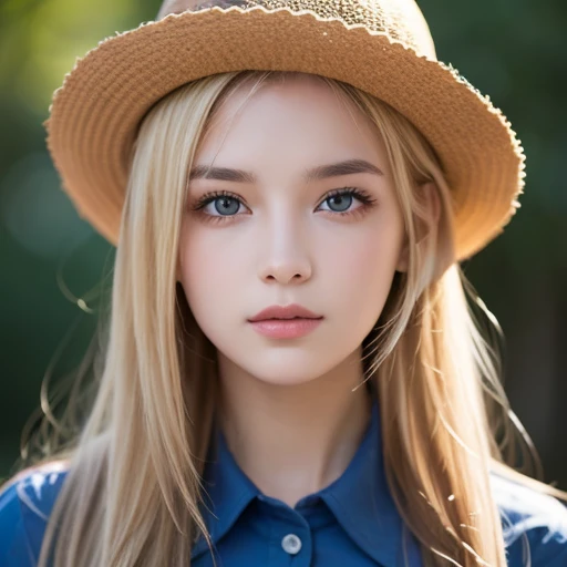  portrait of a blond girl in a blue hat and blue shirt