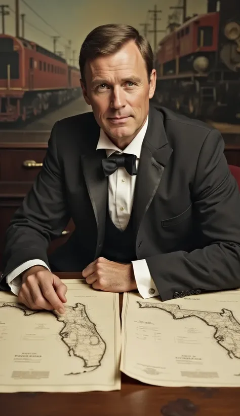 A vintage portrait of a confident businessman in the late 1800s, dressed in a suit, sitting at a desk with maps of Florida and railroad plans spread out, with a backdrop of industrial machinery and early trains.