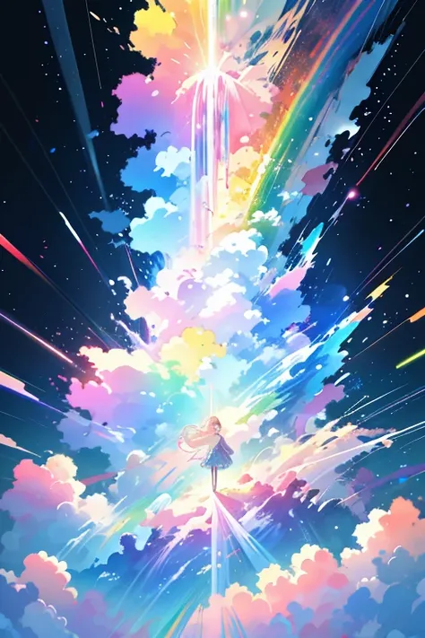 Anime Conceptual installation art combining watercolors, acrylics and collage. Landscape painting only, ultra detailed, absolute resolution, masterpiece. Wide angle aerial background of vibrant pastel colored flower fields. Wonderland world view. Cascading...